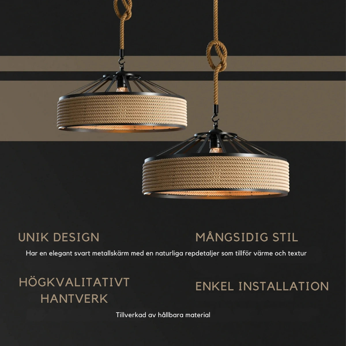 Vintage Pendellampa Haga - Tillverkad av rep och metall
