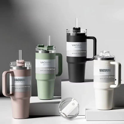 Termosmugg i rostfritt stål med sugrör & handtag - 1,2L