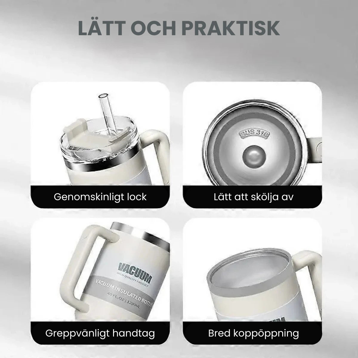 Termosmugg i rostfritt stål med sugrör & handtag - 1,2L