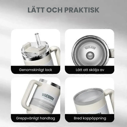 Termosmugg i rostfritt stål med sugrör & handtag - 1,2L