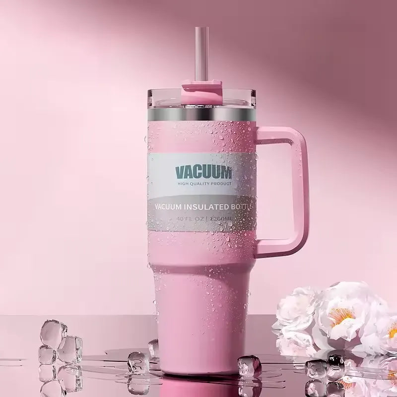 Termosmugg i rostfritt stål med sugrör & handtag - 1,2L