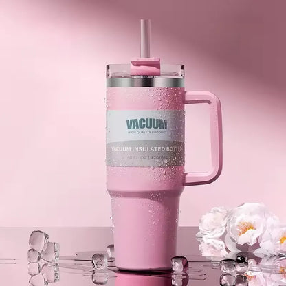 Termosmugg i rostfritt stål med sugrör & handtag - 1,2L