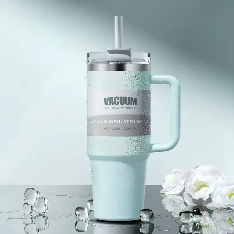 Termosmugg i rostfritt stål med sugrör & handtag - 1,2L