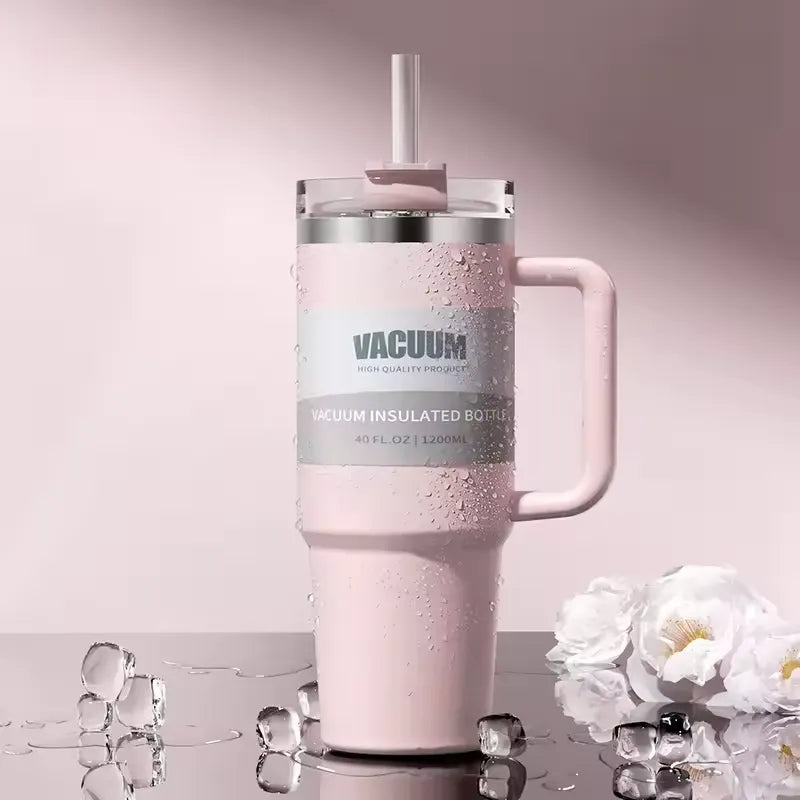 Termosmugg i rostfritt stål med sugrör & handtag - 1,2L