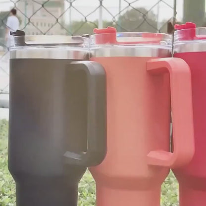 Termosmugg i rostfritt stål med sugrör & handtag - 1,2L